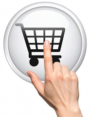 Hand reaching to click on a shopping cart icon symbolizing the start of an online shopping process in a digital environment isolate on transparent background