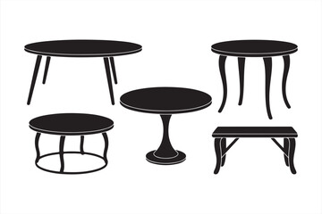 Black Vector Silhouettes of Round Tables and Benches in Vintage and Modern Mix