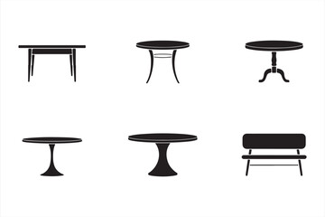 Interior Icons Set Featuring Furniture Silhouettes of Tables and Benches