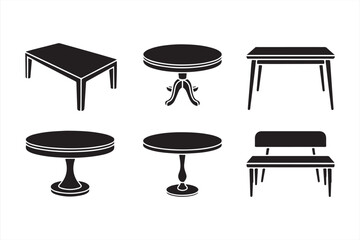 Black Silhouette Table Icons in Clean Vector Styles for Interiors