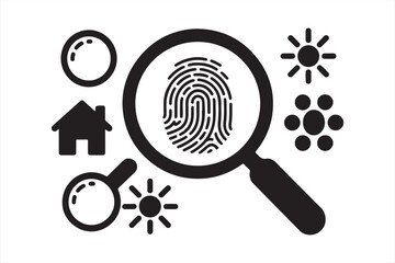 Investigation Icons with Fingerprint, Germs, and Home Viewed Through Magnifying Glasses in Minimalist Style