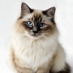 Fluffy blue-eyed cat sitting gracefully against a soft, blurred background, exuding calmness