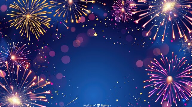 diwali background with text "happy Di Lageri festival of lights" colorful fireworks on dark blue background vector illustration design