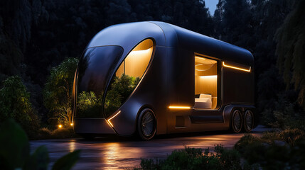 Futuristic mobile home with glowing interior lights