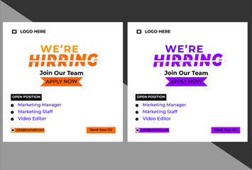 We are hiring job vacancy social media post banner design template with red color. We are hiring job vacancy square web banner design. Employee vacancy announcement.