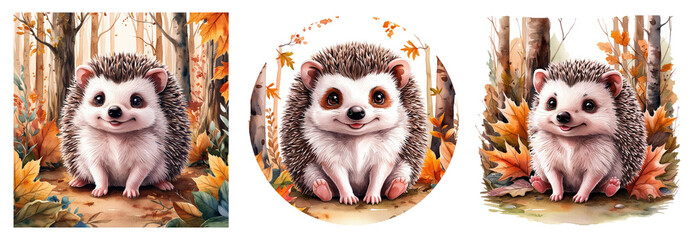 Fototapeta premium Cute Watercolor Hedgehog in Autumn Forest, Transparent PNG Clipart. Watercolor Illustration for Nursery and Storybook Projects on White Background. Hedgehogs isolated on transparent background.