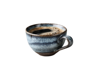 Aromatic dark coffee in rustic blue cup isolated black background,On Transparent Background, Isolated on white