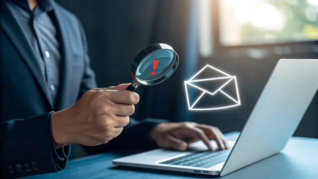 A businessman uses a magnifying glass to investigate a suspicious email on his laptop
