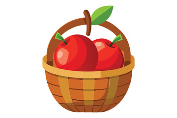 Ripe red apples, some in a basket, are fresh and healthy, with a leafy green vector illustration on a white background
