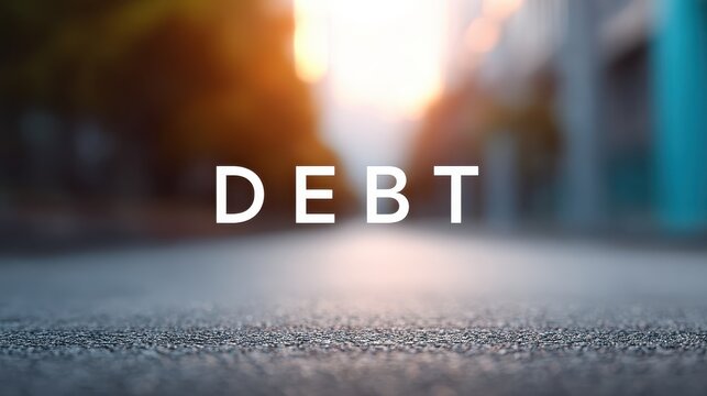 The word DEBT at the center of the image with a background of small and medium-sized shops, representing the problem of unpayable debt in small business operations (SMEs).