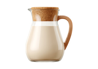Glass pitcher of creamy beige beverage with cork stopper,On Transparent Background, Isolated on white