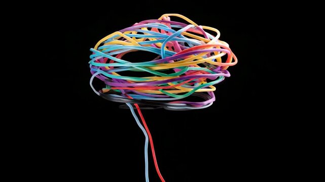 Colorful wires tangled to form a brain-like shape on a black background.