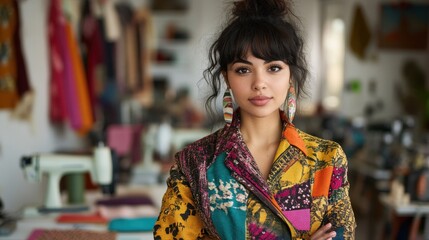 A young Latina fashion designer poses confidently in her vibrant, artistic studio, showcasing her unique style and passion for fashion and creativity.