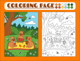 Capybara coloring book. Illustration for children s school worksheet. Drawing for baby. Cute character in kid puzzle. Forest animals. Color game with line coloration. Pets picnic. Vector tidy page