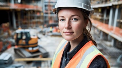 A confident young European woman wearing a safety helmet and vest stands in a construction site. She embodies professionalism and dedication in her work.