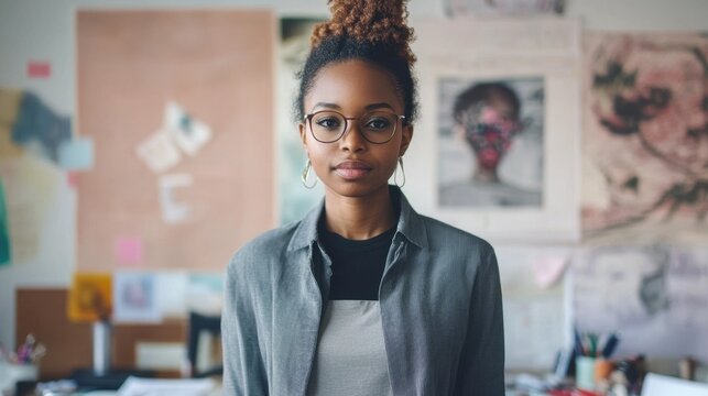 A young Black female graphic designer stands confidently in her creative workspace, showcasing her artistic talent. The studio background reflects her vibrant style and individuality. - Powered by Adobe