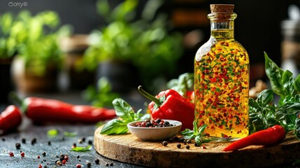 Aromatic infused olive oil in a glass bottle, surrounded by red peppers, herbs, and spices, on a dark wooden board