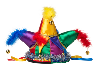 Colorful jester hat with bells isolated on transparent background