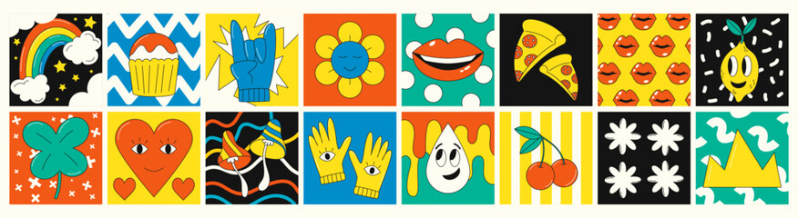 Cartoon art sticker. Abstract doodle design, retro color shape. Comic heart, music flower, happy smile, psychedelic mushroom and rainbow. Bright avatar collage. Vector garish patch groovy collection