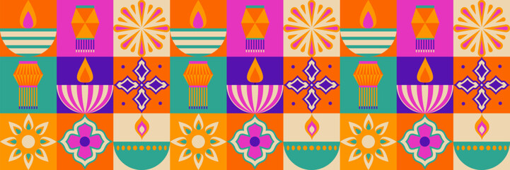 Colorful Diwali pattern with geometric tiles - vibrant lantern shapes, flowers, flames and traditional motifs in colorful squares. Indian festival decorative mosaic design for celebration background.
