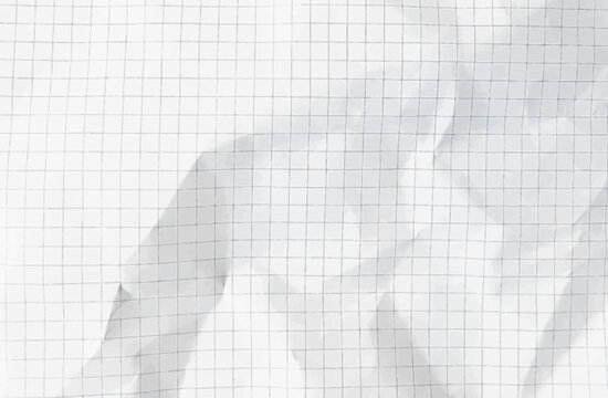 Crumpled white paper sheet with check grid lines overlay - wrinkled notebook page with mathematical graph squares, folded texture on checkered surface for school homework or office calculations.