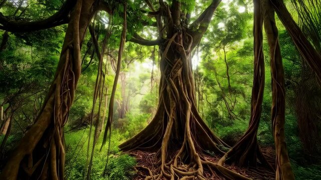 Enormous jungle tree with hanging vines and exposed roots in lush green tropical rainforest, creating a dense and vibrant natural scenery.