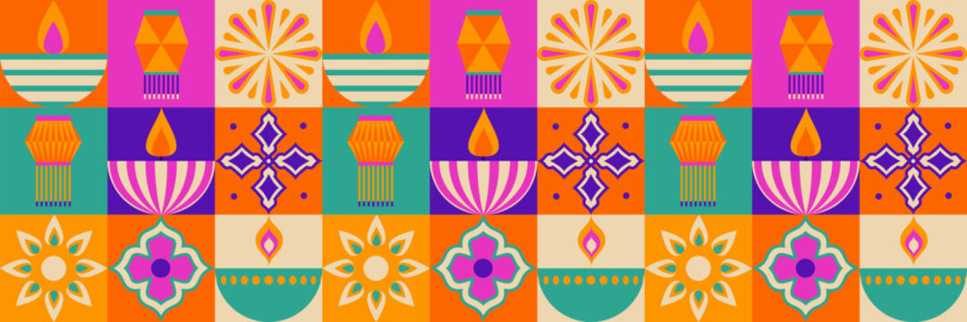 Colorful Diwali pattern with geometric tiles - vibrant lantern shapes, flowers, flames and traditional motifs in colorful squares. Indian festival decorative mosaic design for celebration background.