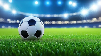 Naklejka premium Soccer Ball on a Green Field in a Stadium