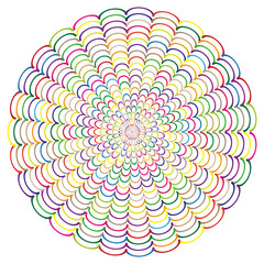 Color arc icon. Petal spiral vector. Bright mandala shape. White background detail.