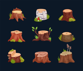 Tree stump. Wood cartoon textures. Birch and oak log cuts. Forest element. Nature wooden material. Icon game. Empty landscape timber. Pine trunk with mushroom and moss. Vector illustration tidy set
