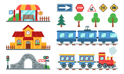 Cartoon train. Children railroad crossing. Rail station building. Transport bridge. Railway signs. Kids rules and traffic signal icons. Public vehicle transportation. Isolated tree. Vector tidy set
