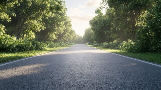 Asphalt road through a peaceful rural landscape with lush green trees
