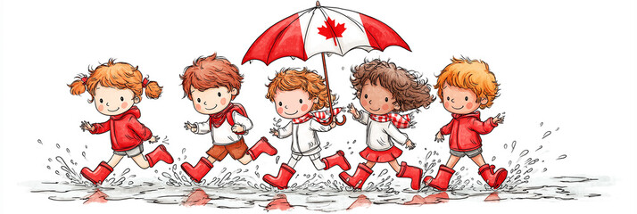 Whimsical illustration of children jumping in puddle with maple flag umbrella