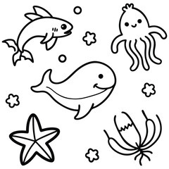 Hand Drawn Ocean Creatures Doodle Vector Illustration in Black and White