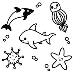 Fototapeta premium Black and White Sea Animals Doodle Vector Illustration