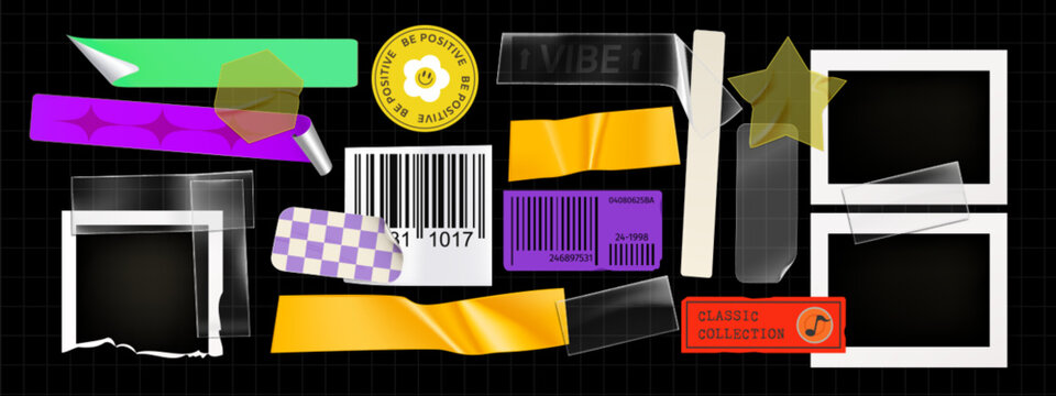 Y2k aesthetic sticker collection with photo frames, barcode labels and retro elements - realistic vibrant design pack for nostalgic scrapbooking, digital collage and millennial style graphics.
