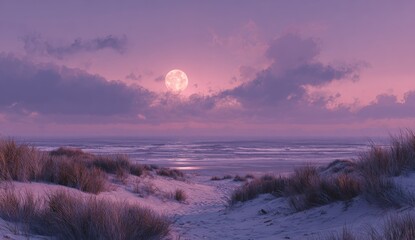 Serene coastal scene at dusk, featuring a large, pale pink full moon partially obscured by clouds above a tranquil ocean and sandy beach with frosted dune grasses