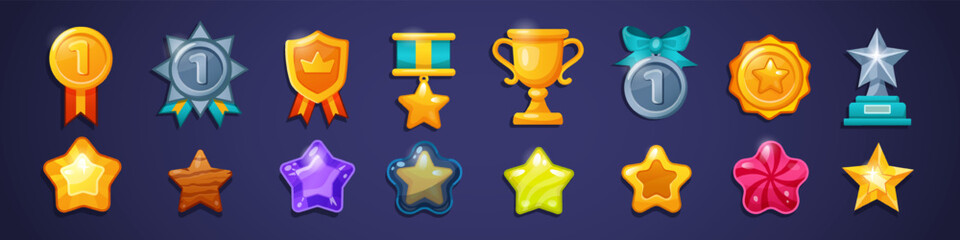 Icon medal, award symbols. Gold cup, cute prize and glowing star. Button cartoon, game UI isolated element. Interface from gem, jelly candy, shiny metal. Design golden shape. Vector user tidy trophy