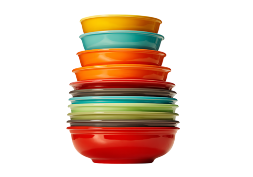 Stack of colorful ceramic bowls kitchenware dinnerware,On Transparent Background, Isolated on white - Powered by Adobe