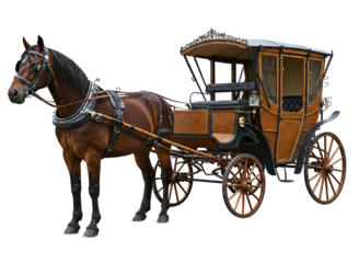 Elegant gold and maroon horse drawn carriage isolated on transparent background