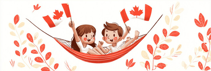 Adorable siblings swing in hammock holding Canada flag above

