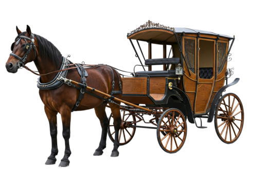 Elegant gold and maroon horse drawn carriage isolated on transparent background