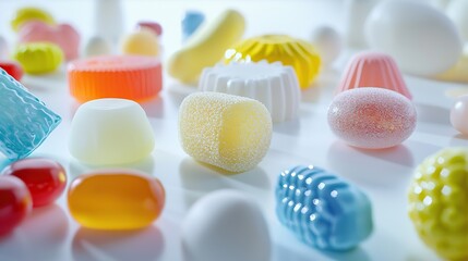 Various colorful delicious candies with unique shapes on a white table