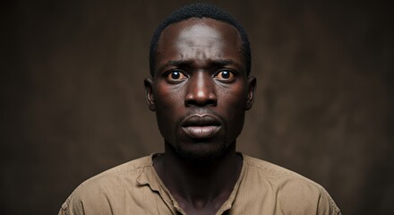 A portrait of a man with a look of fear, concern, and apprehension. His dark eyes and facial expression convey a sense of unease and anxiety. The dark background enhances the intensity of his emotion.