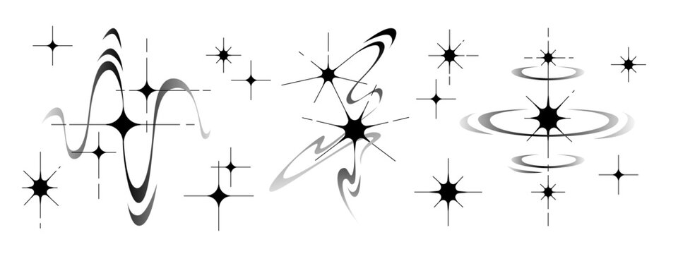 Y2K star tattoo line art collection with cosmic swirls, orbital rings and celestial sparkles. Minimalist space designs with abstract stellar forms for nostalgic body art or retro futuristic graphic.