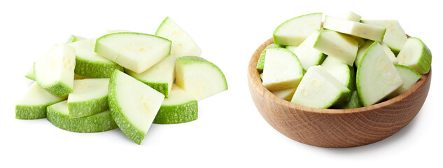 sliced zucchini or marrow in wooden bowl isolated on white background. clipping path
