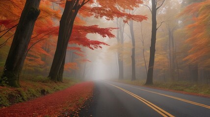 Empty rural road in a dense forest, flanked by rows of tall maple trees with vibrant red and orange leaves, fog gently hovering at ground level.