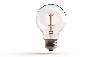 A glowing incandescent light bulb with a clear glass enclosure, metallic base, and a warm-toned filament visible within, set against a pure white background, casting a subtle shadow