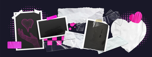 Fototapeta na wymiar Retro y2k photo collage with instant foto frames, pink tape and paper textures - nostalgic mood board elements for digital scrapbook design, aesthetic wall art and vintage memory album creation style.