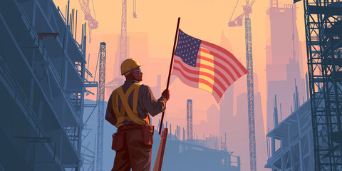 Construction worker holding US flag in construction site, beautiful sunset background